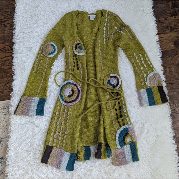 Felicity Sweaters - Women's Felicity Citron Green Floral Embroidered Wool Blend Duster Small Art